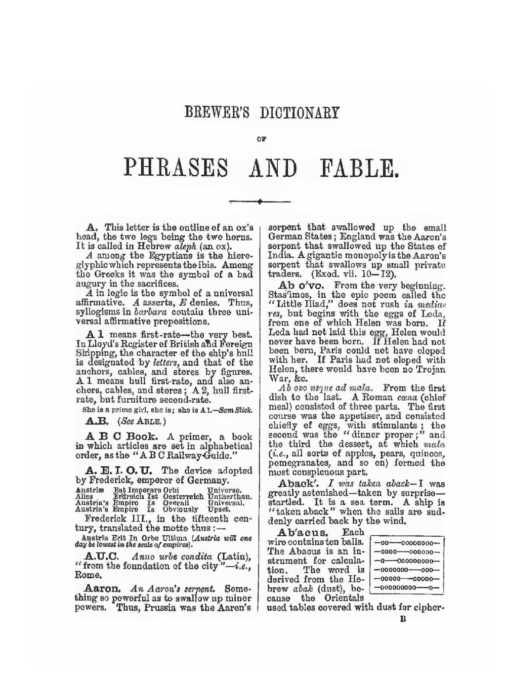 Dictionary of Phrase and Fable. Giving the Derivation, Source, or Origin of Common Phrases, Alusions, and Words that have a Tale to Tell Part 1 | Brewer Ebenezer Cobham