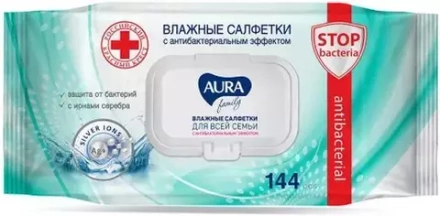 Салфетки влажные Aura Family, с антибактериальным эффектом, 144 шт