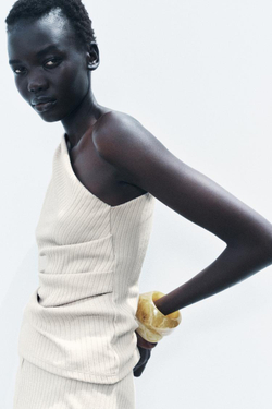 ZARA ТОП АСИММЕТРИЧНОГО КРОЯ В РУБЧИК, БЕЖЕВЫЙ