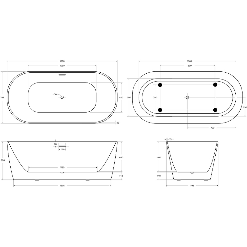 Акриловая ванна BelBagno 170x80 BB415-1700-800 без гидромассажа