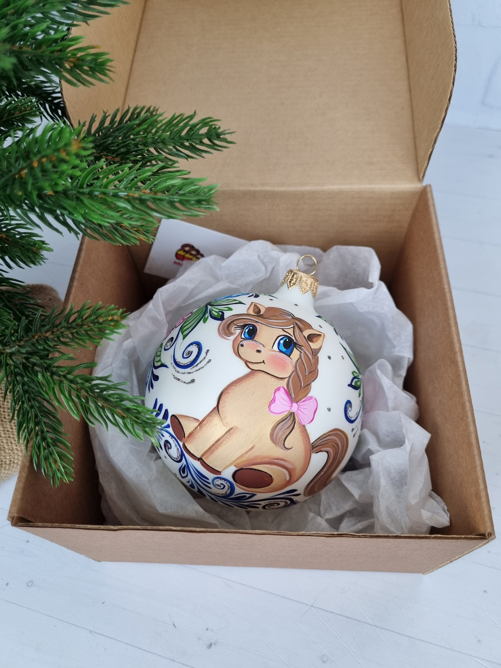 Шар стеклянный "Пони" городецкая роспись, ручная работа