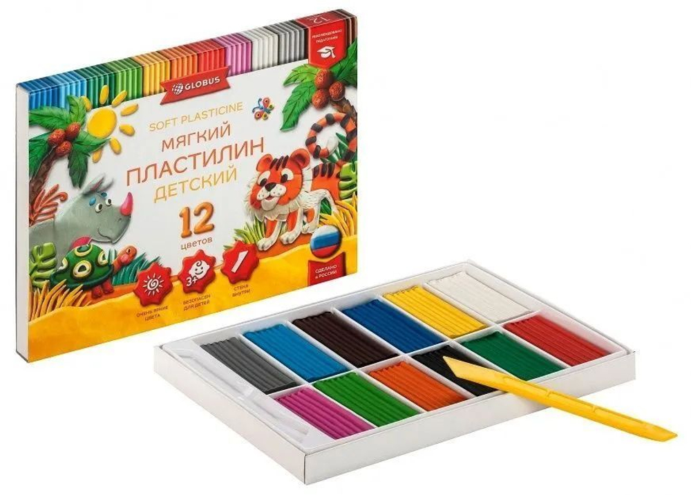 Пластилин 12цв 180гр. Детский мягкий к/к, стек