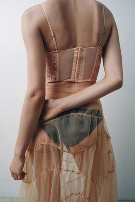 ZARA ЮБКА С ЗАВЯЗКАМИ И СБОРКАМИ ИЗ ОРГАНЗЫ, ЭКРЮ