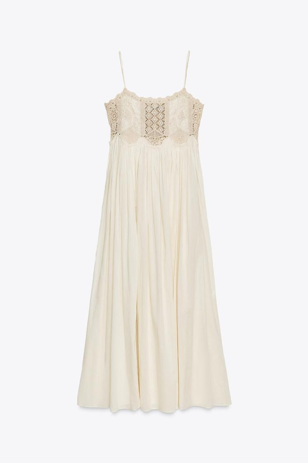 ZARA ПЛАТЬЕ НА БРЕТЕЛЯХ С КРУЖЕВОМ — ZW COLLECTION, ЭКРЮ