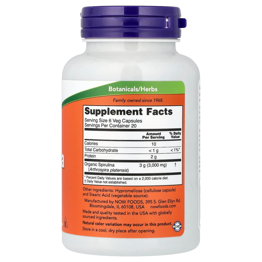 NOW Foods, Натуральная спирулина, 500 мг, 120 растительных капсул