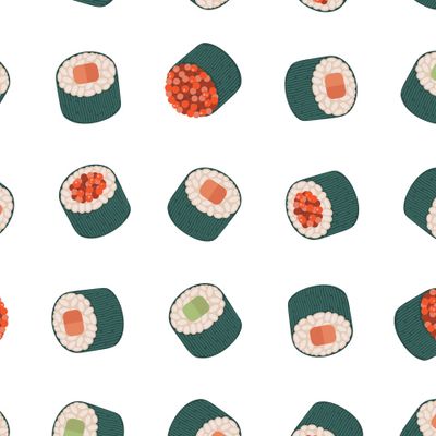 Суши маки с рисом, нори, рыбой, красной икрой, огурцом