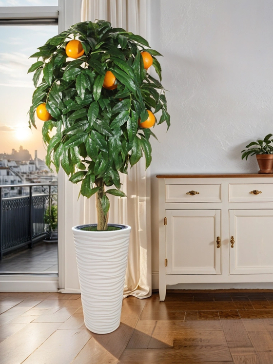 Искусственное дерево Апельсин 170 см в высоком круглом белом кашпо