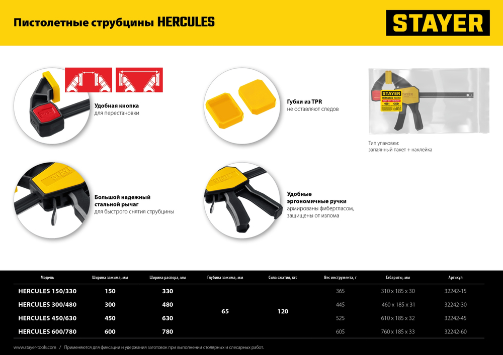 STAYER Hercules, 300/480 мм, пистолетная струбцина, Professional (32242-30)