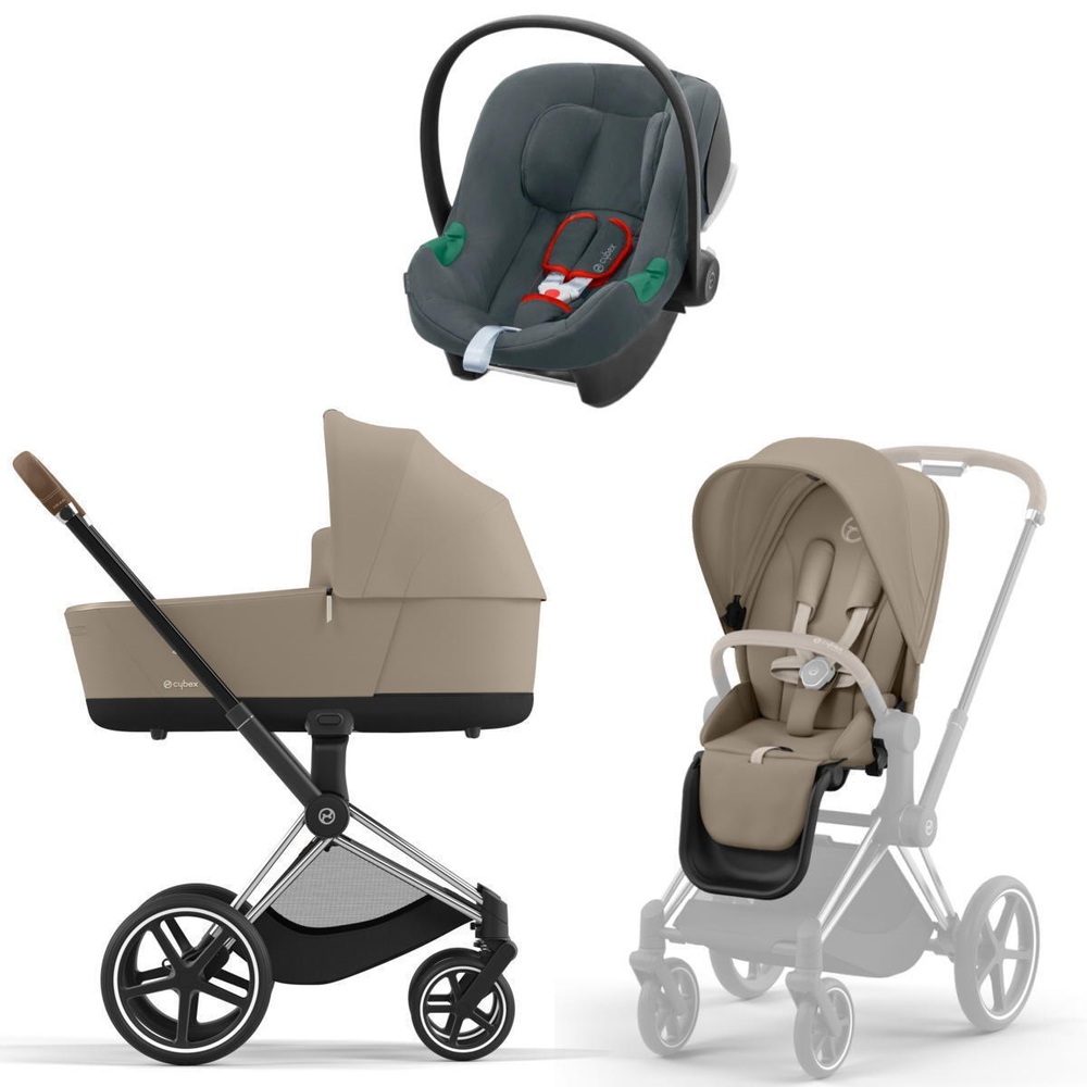 Коляска 3 в 1 Cybex Priam IV Chrome Brown complete и автокресло Aton B2 i-Size Steel Grey Cozy Beige