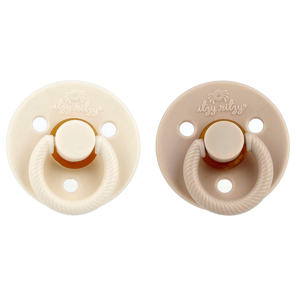 itzy ritzy, Itzy Soother ™, пустышки с сосками из натурального каучука, для детей от 6 до 18 месяцев, кокос и тосты, 2 пустышки