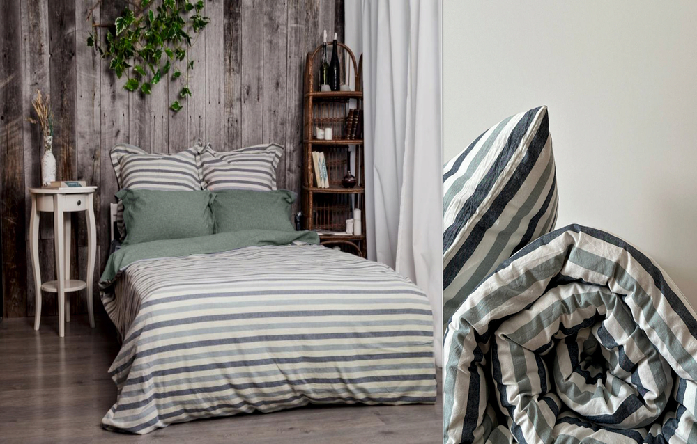 КПБ 2 сп с простыней на рез. 140х200 ВАРЕНЫЙ ХЛОПОК "Мята широкая полоса"