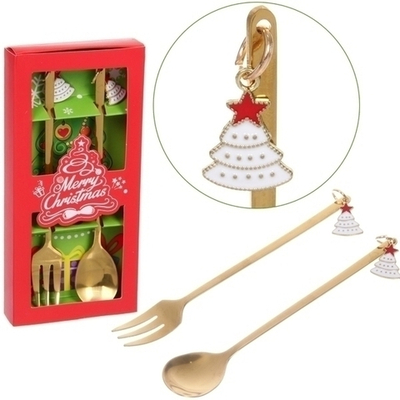 Набор для десерта «Ёлочки» 2предмета (ложка+вилка) в подарочной коробке,цвет золото