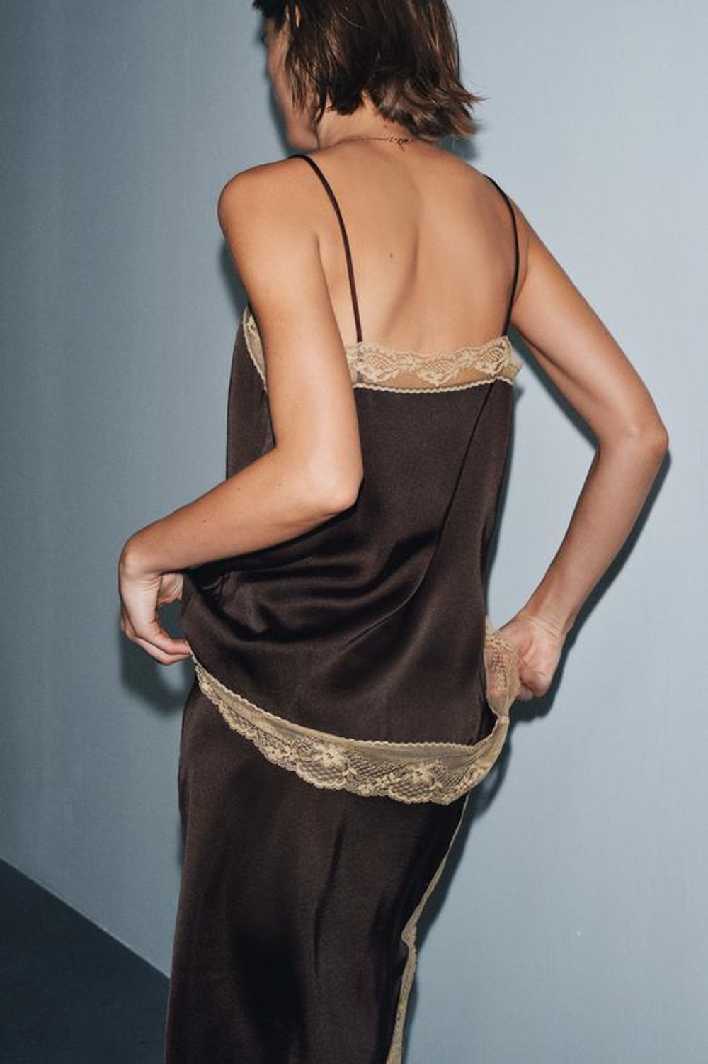 ZARA ЮБКА МИДИ С КРУЖЕВОМ — ZW COLLECTION, КОРИЧНЕВЫЙ