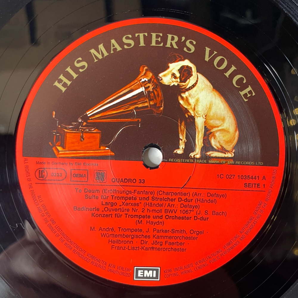 Винтажная виниловая пластинка LP Maurice Andre, Mark Carpentier, Georg F. Handel Гендель, J. S. Bach Бах, M. Haydn Гайдн, Goldene Trompete (Германия 1984) Quadraphonic