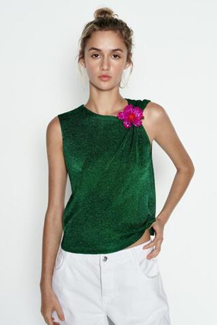 ZARA ОДНОТОННЫЙ ТРИКОТАЖНЫЙ ТОП С БЛЕСТЯЩЕЙ НИТЬЮ, ЗЕЛЕНЫЙ
