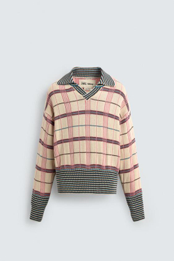 ZARA HARRY LAMBERT X DISNEY ЖАККАРДОВОЕ ТРИКОТАЖНОЕ ПОЛО В КЛЕТКУ, РОЗОВЫЙ