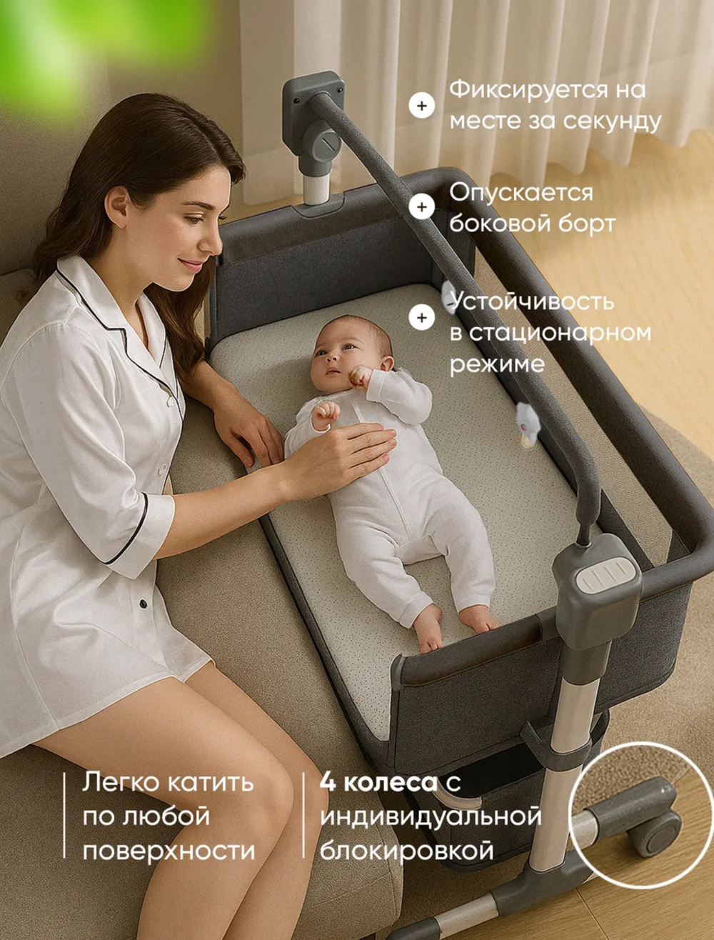 Детская приставная электрическая кроватка для новорожденного Ining Baby Серый