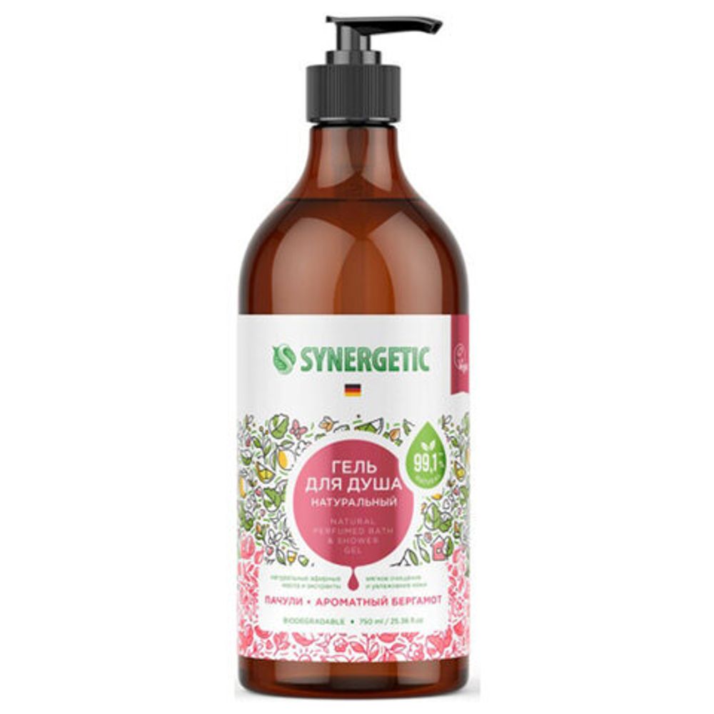 Гель для душа 750 мл SYNERGETIC "Пачули и ароматный бергамот", натуральный биоразлагаемый, 400009