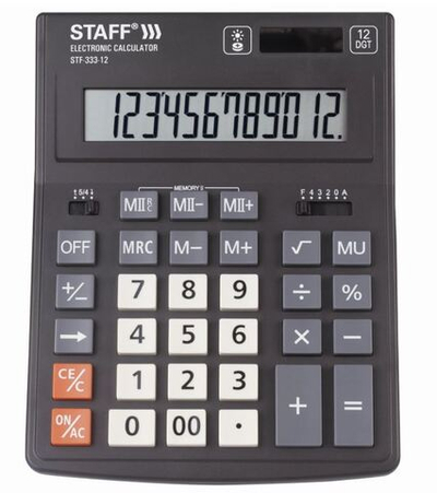 Калькулятор настольный STAFF PLUS STF-333 (200x154 мм), 12 разрядов, двойное питание, 250415