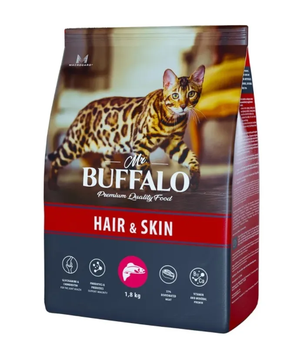 Mr.Buffalo 1.8кг Hair&Skin Сухой корм для взрослых кошек для шерсти и кожи Лосось