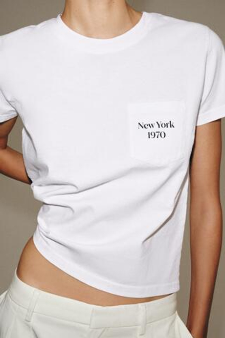 ZARA ФУТБОЛКА С КАРМАНОМ И НАДПИСЬЮ, БЕЛЫЙ