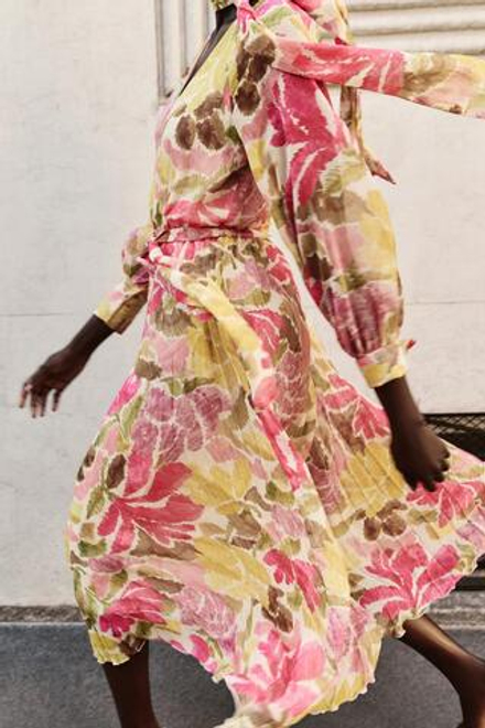 ZARA ПЛАТЬЕ МИДИ С ЦВЕТОЧНЫМ ПРИНТОМ И ПОЯСОМ, РАЗНОЦВЕТНЫЙ