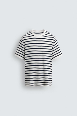 ZARA ФУТБОЛКА ИЗ РЕЛЬЕФНОЙ ТКАНИ ВАФЕЛЬНОГО ПЕРЕПЛЕТЕНИЯ, ЭКРЮ/ТЕМНО-СИНИЙ