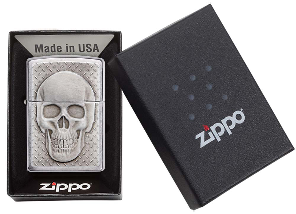 29818 Зажигалка ZIPPO Skull Design Brushed Chrome, латунь/сталь, серебристая, 38x13x57 мм