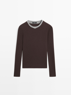 Massimo Dutti Футболка из смесового хлопка с двойным воротником, коричневый