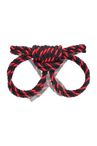 Черно-красные наручники-оковы ’’Узел-омега’’ из хлопковой веревки (Цвет: черный)