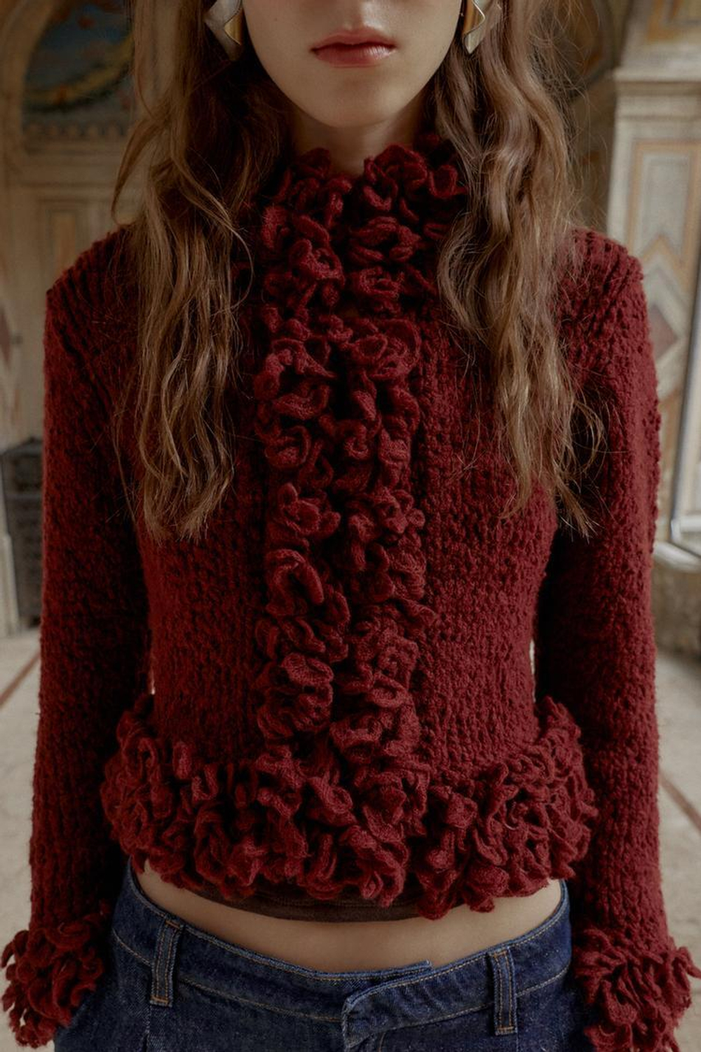 ZARA ВЯЗАНЫЙ ЖАКЕТ С БАХРОМОЙ, БУРГУНДИ