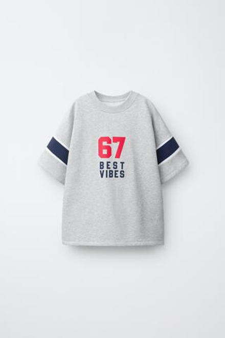 ZARA ФУТБОЛКА С ПРИНТОМ TEAM SIX SEVEN, СЕРЫЙ МЕЛАНЖ