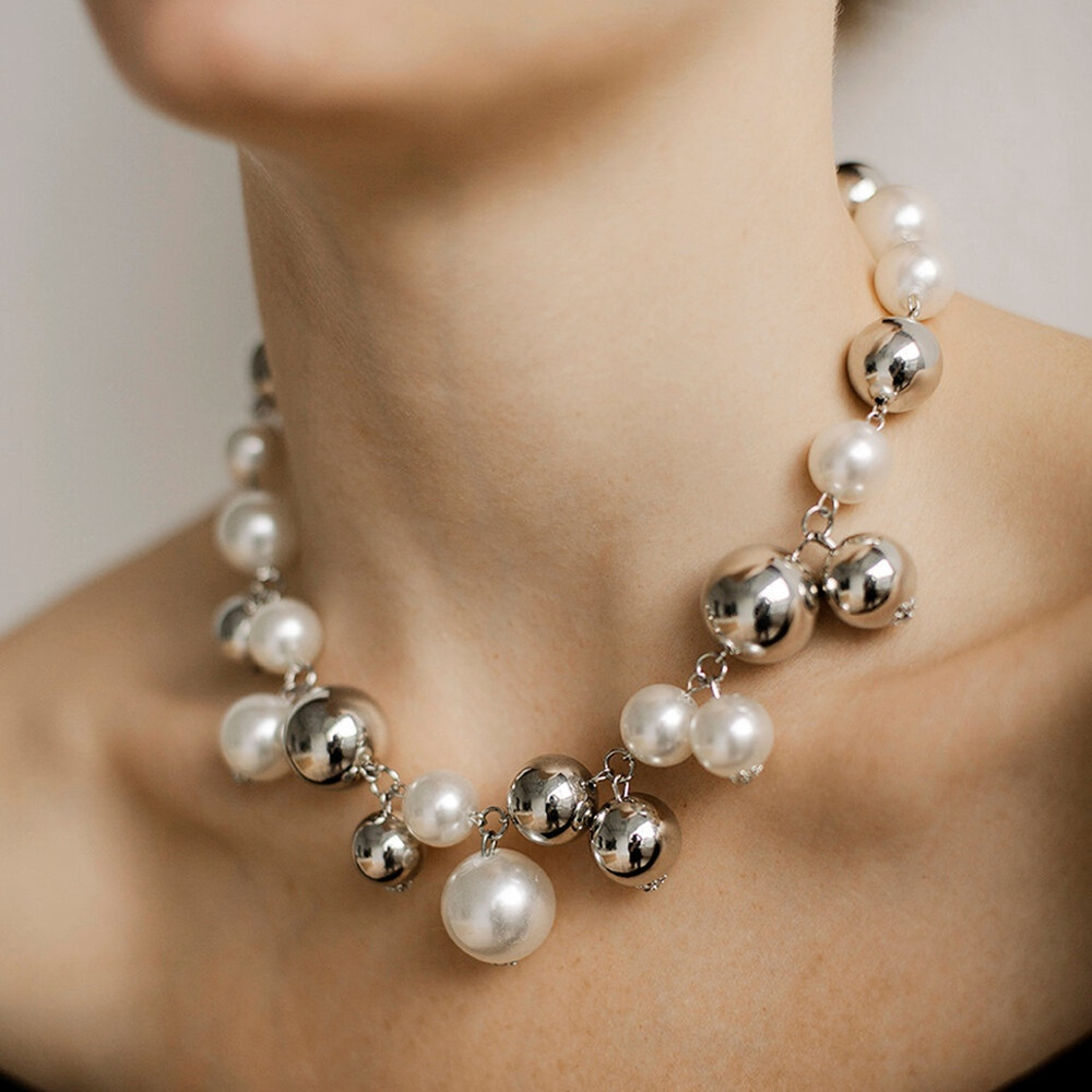 Бусы крупный жемчуг, белый, серебро