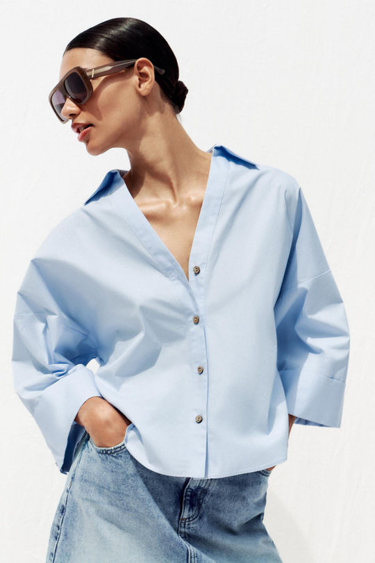 ZARA РУБАШКА ИЗ ПОПЛИНА С ШИРОКИМИ РУКАВАМИ, ГОЛУБОЙ