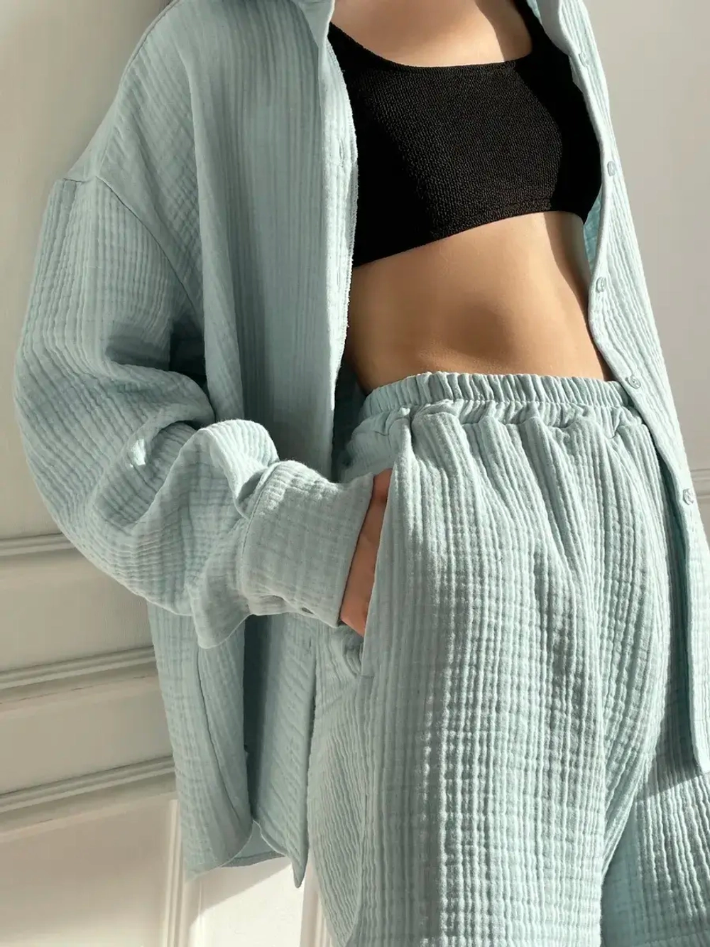 Костюм - пижама с шортами из муслина домашний оверсайз