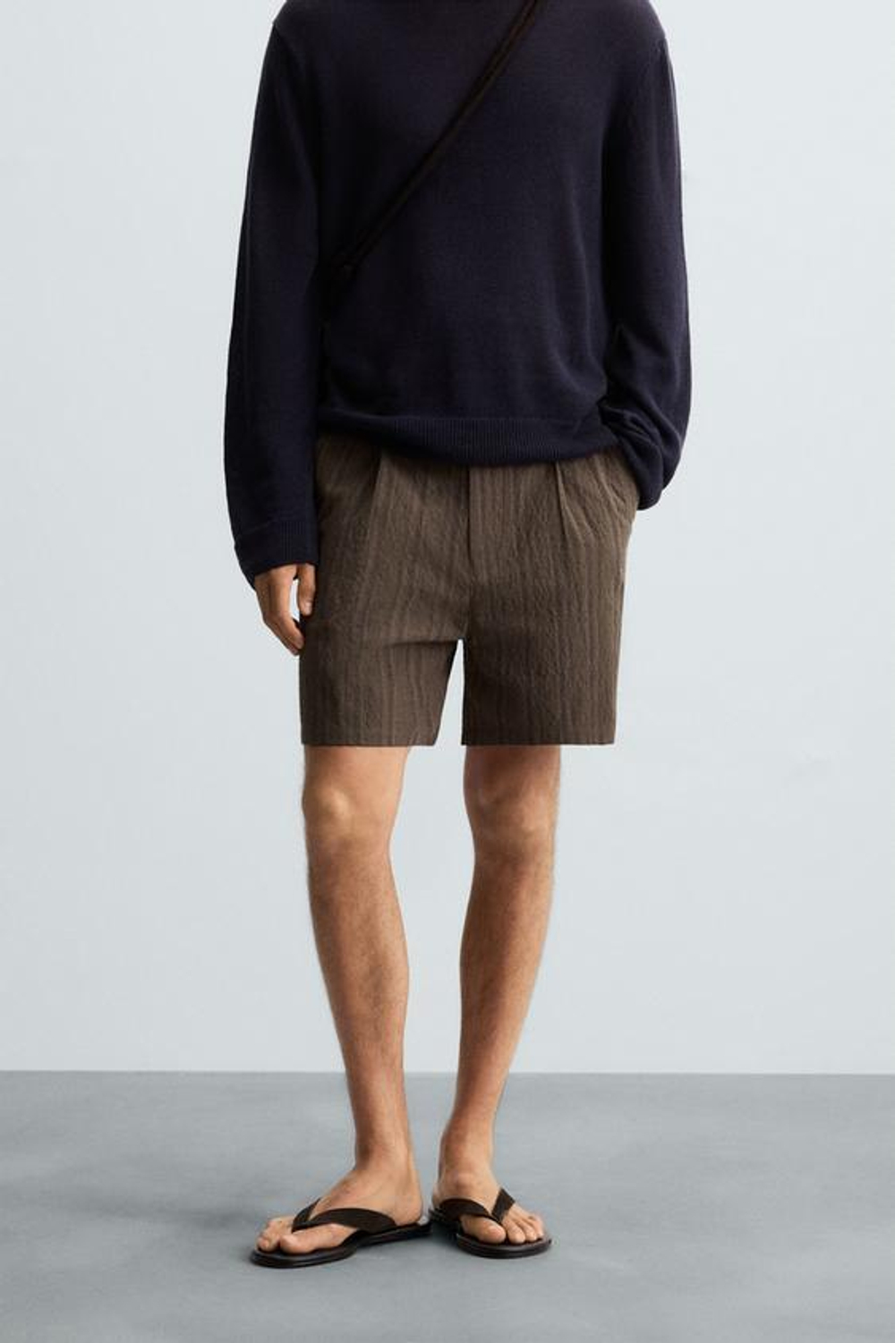 ZARA ШОРТЫ-БЕРМУДЫ REGULAR FIT В ПОЛОСКУ, КОРИЧНЕВЫЙ