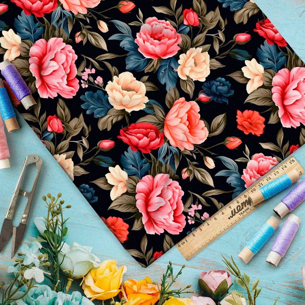 Ткань премиум габардин ночные розы