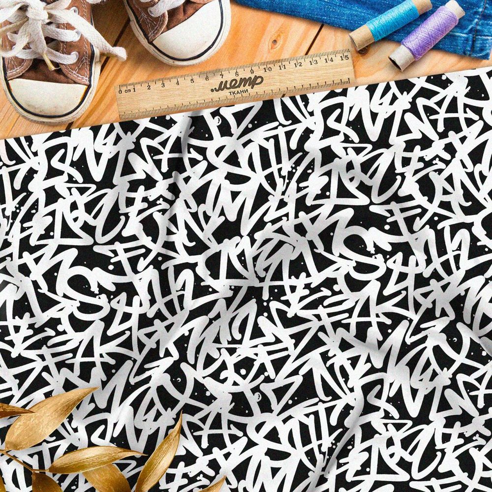 Ткань Ниагара Софт черно-белые граффити