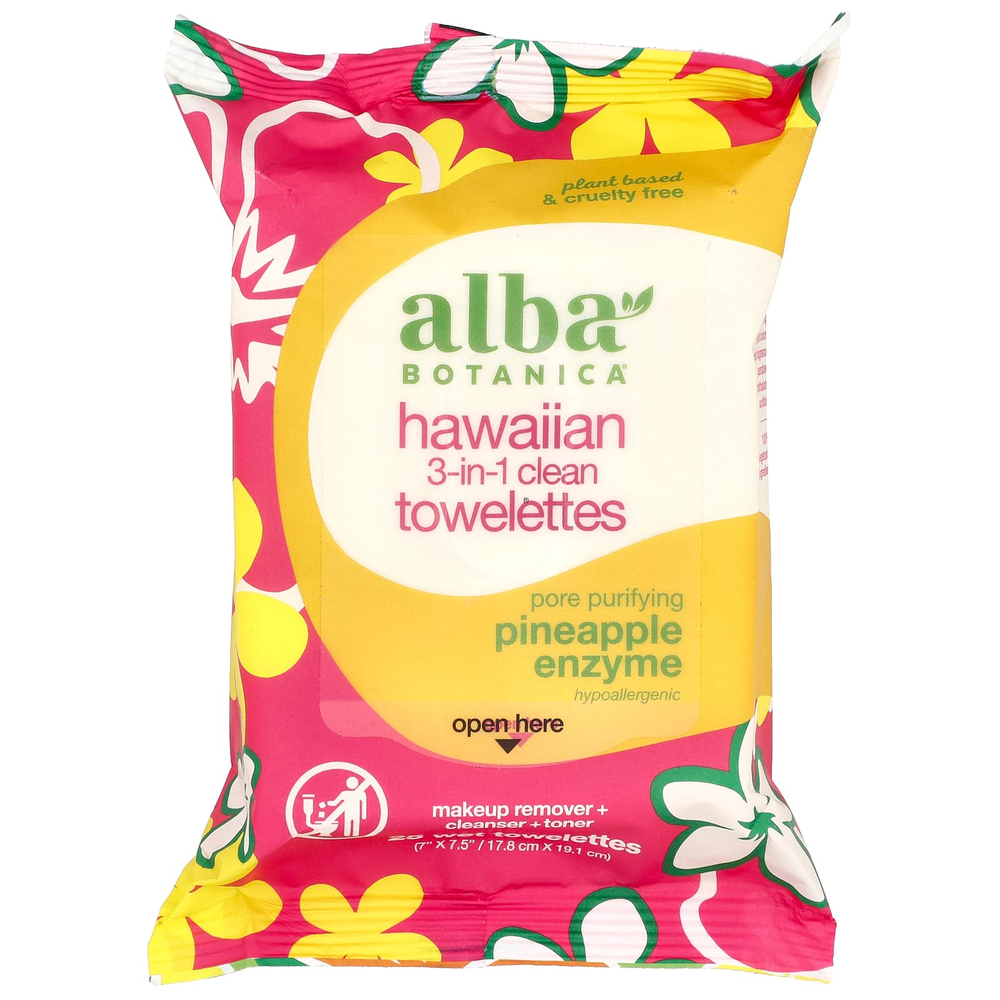 Alba Botanica, Hawaiian, очищающие салфетки 3 в 1, с ананасовым ферментом, 25 влажных салфеток