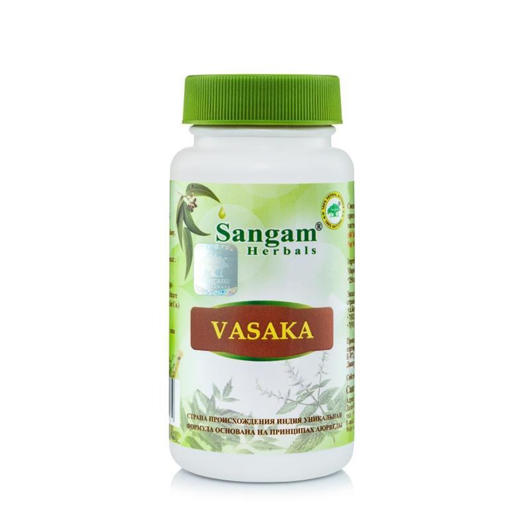 БАД Sangam Herbals Vasaka Васака (700 мг) 60  снижает вязкость бронхиального секрета, разжижает мокроту посредством нормализации функции желез слизистой оболочки дыхательных путей, облегчает ее выведение. В целом способствует очищению бронхов, устраняет затяжной и хронический кашель, облегчает дыхание, восстанавливает антибактерицидный барьер слизистой оболочки
