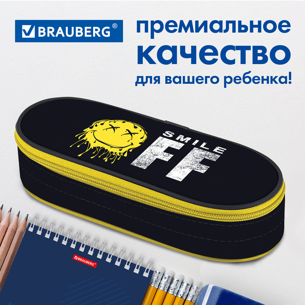 Пенал-футляр BRAUBERG 1 отделение органайзер полиэстер 22x9x5 см "Smile OFF" (2 штуки в упаковке)