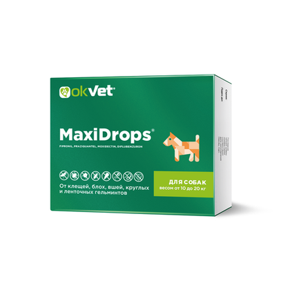 OKVET MAXIDROPS Капли от блох, клещей и гельминтов для собак массой от 10 до 20 кг