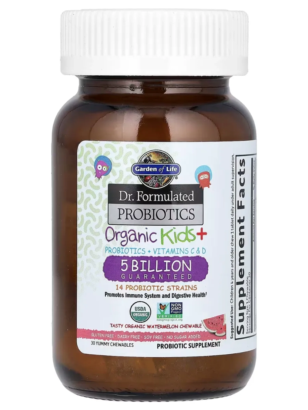 Organic Kids + пробиотики и витамины C и D арбуз 30 жевательных таблеток