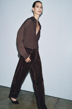 ZARA ДЖИНСЫ BALLOON-FIT С ВЫСОКОЙ ПОСАДКОЙ И ФЛОКИРОВАНИЕМ — ZW COLLECTION, КОРИЧНЕВЫЙ