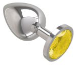 Серебристая большая анальная пробка с желтым кристаллом - 9,5 см.
