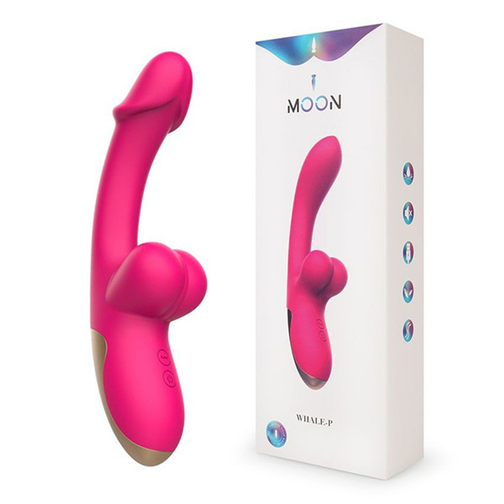 Розовый изогнутый вибромассажер 20,4см с имитацией мошонки I-Moon Whale P MY-236