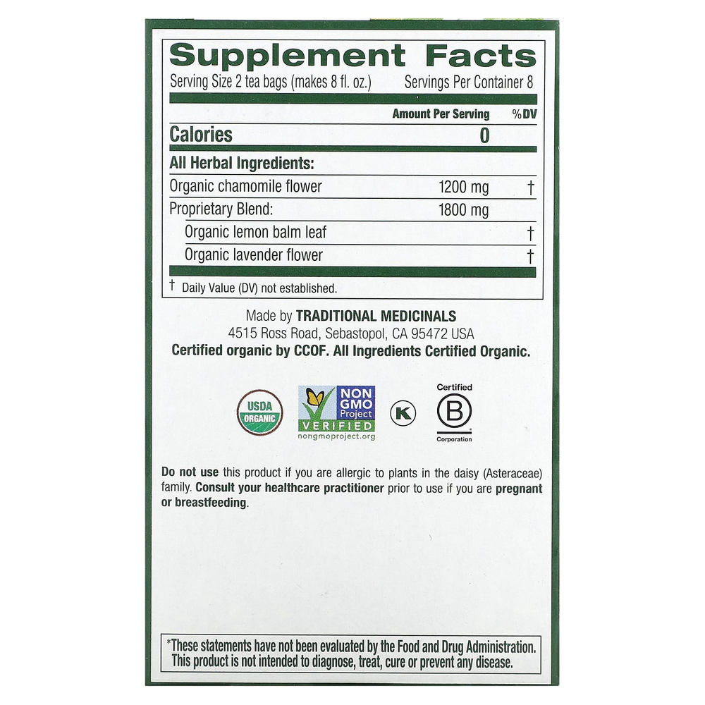 Traditional Medicinals, органические ромашка и лаванда, без кофеина, 16 чайных пакетиков в упаковке, 24 г (0,85 унции)