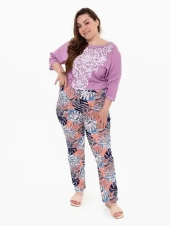 Брюки женские с принтом, цвет белый/розовый, размер 52