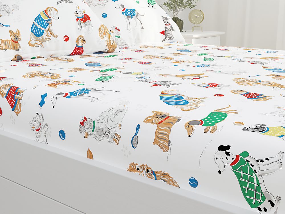 Простынь на резинке Сказка "Dogs on white" 140х200 см, перкаль