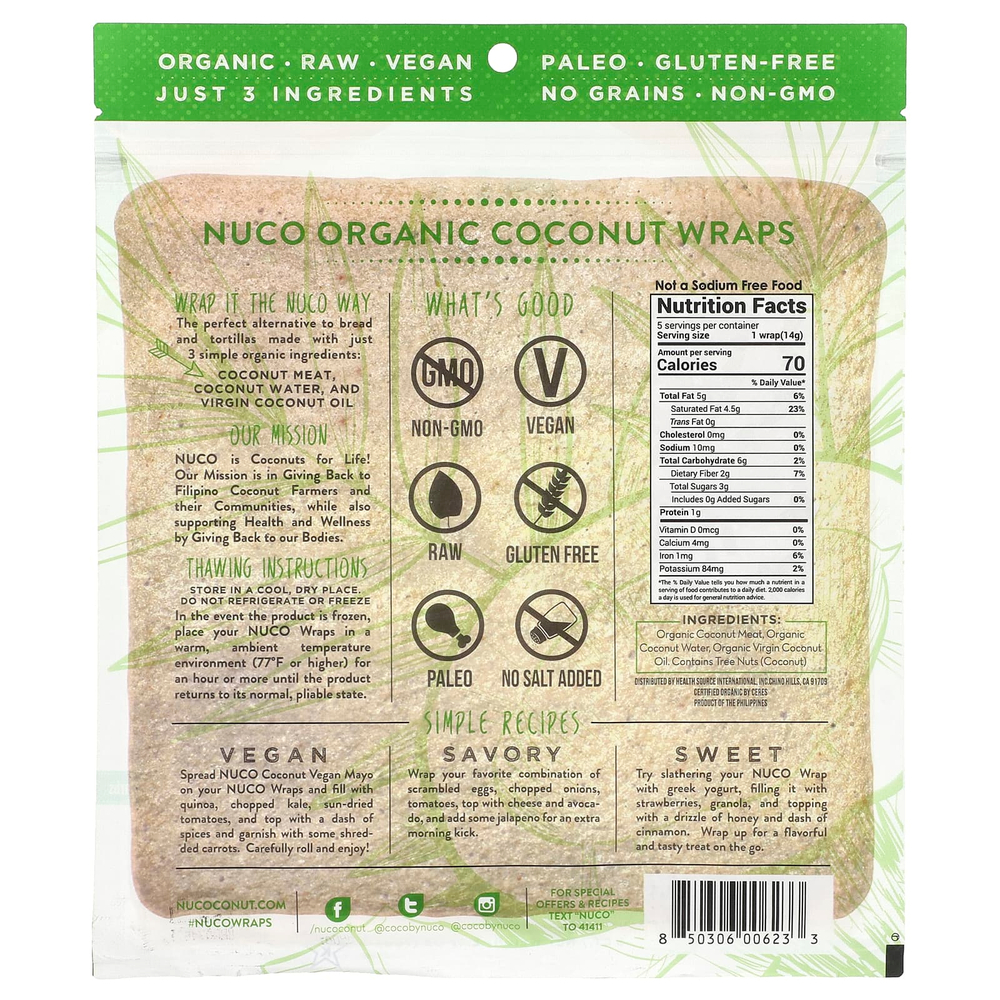 NUCO, Органические кокосовые роллы, оригинальные, 5 роллов по 14 г